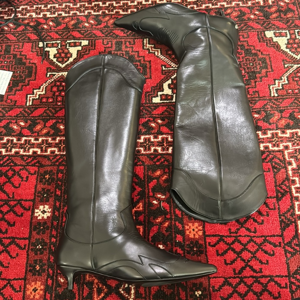 Anine Bing Black Leather Knee-High Heeled Boots - Picture 2 of 5